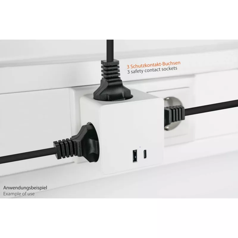 KABELMEISTER Power Strip Cube su 3x Schutzkontakt lizdais, USB-C 20W PD 3.0 ir USB-A 18W, 1,5 m, baltas