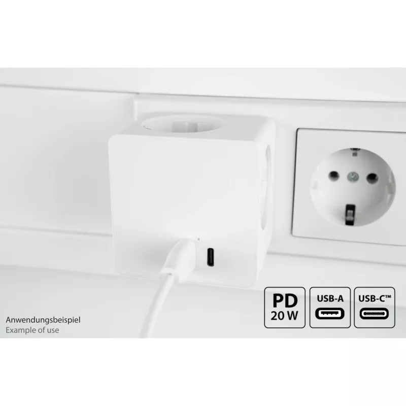 KABELMEISTER Power Strip Cube su 3x Schutzkontakt lizdais, USB-C 20W PD 3.0 ir USB-A 18W, 1,5 m, baltas