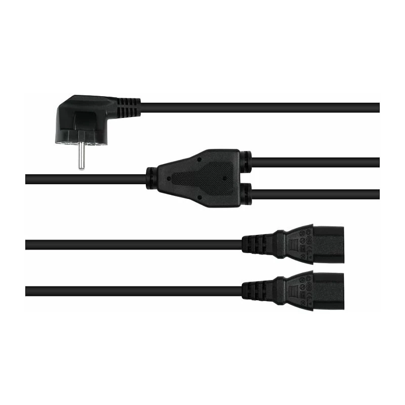 Kabelmeister Schuko kištukas (90° kampu) į 2x IEC C13 Y formos maitinimo skirstytuvą, 2m, juodas