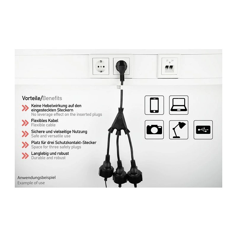 Kabelmeister SK0103-S002 3 krypčių Schuko maitinimo skirstytuvas, 90° kampinis kištukas, 0,2 m laidas, juodas