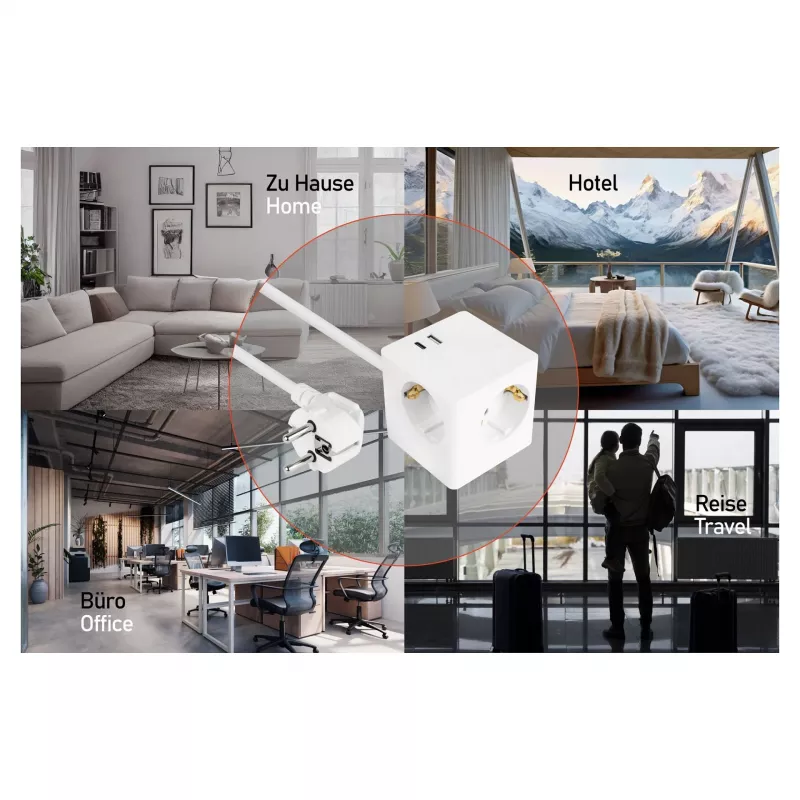 kabelmeister Socket Cube 3 lizdai su USB-C ir USB-A, baltas, 2m