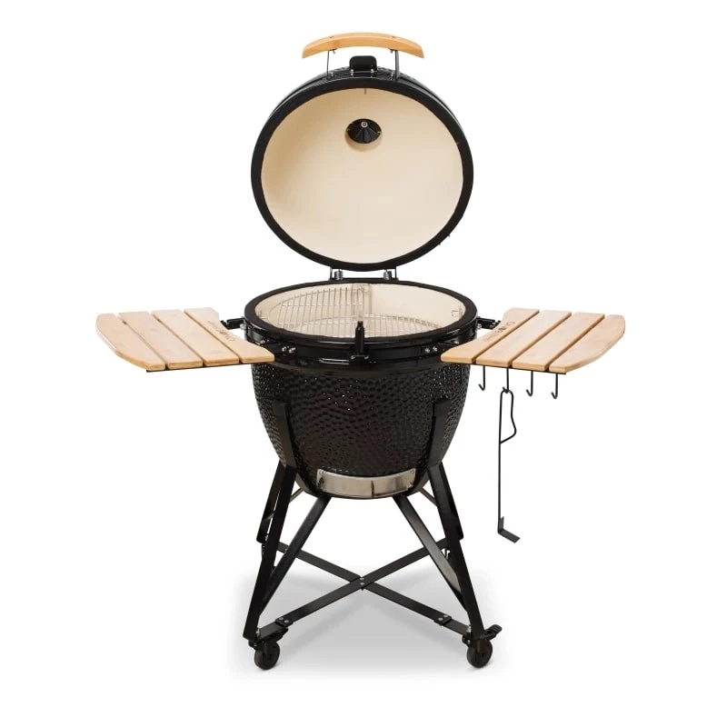 Kamado Bono Grande keraminė kepsninė 23″ su anglimis ir vežimėliu, juoda