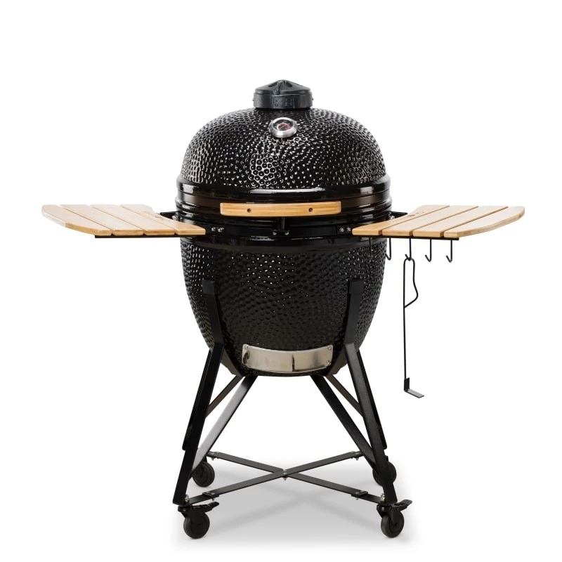 Kamado Bono Grande keraminė kepsninė 23″ su anglimis ir vežimėliu, juoda
