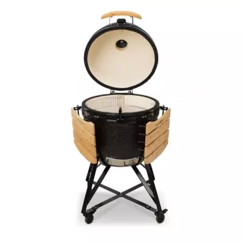 Kamado Bono Grande keraminė kepsninė 23″ su anglimis ir vežimėliu, juoda