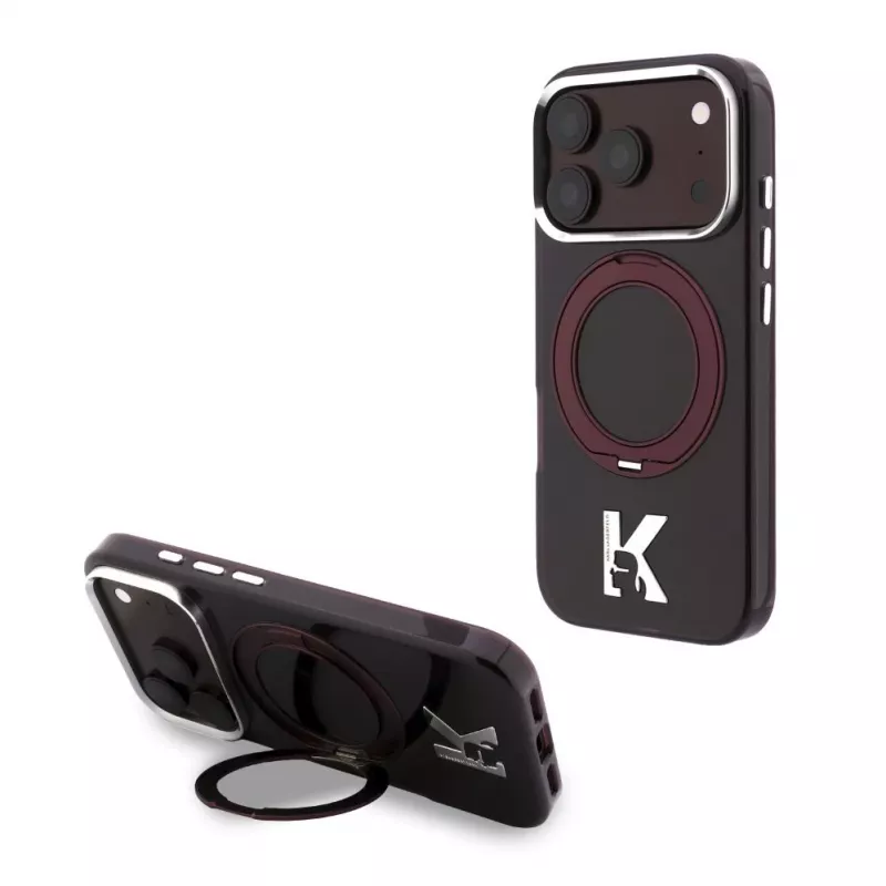 Karl Lagerfeld IML Ring Stand 360 Kameo Metal MagSafe dėklas, skirtas iPhone 18 Pro / 17 Pro - bordo spalvos
