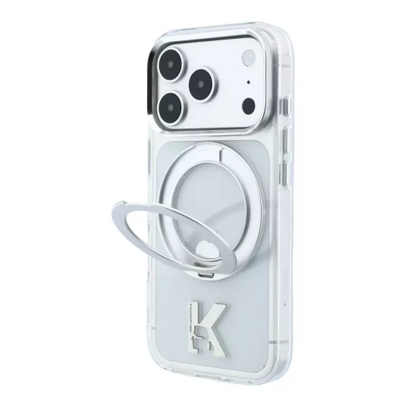 Karl Lagerfeld IML Ring Stand 360 Kameo Metal MagSafe dėklas, skirtas iPhone 18 Pro / 17 Pro - permatomas