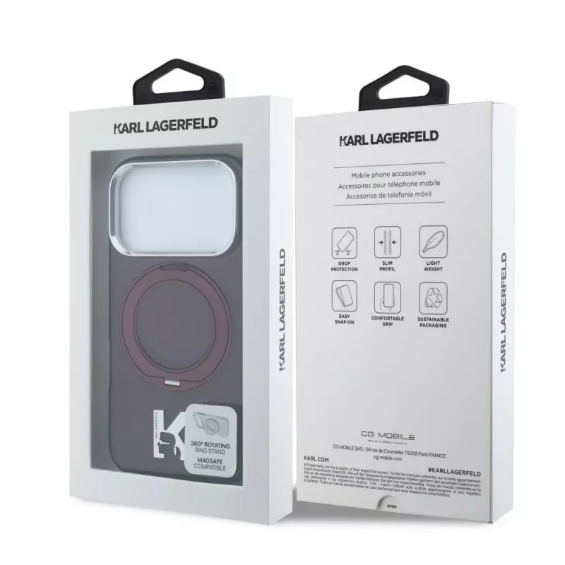 Karl Lagerfeld IML Ring Stand 360 Kameo Metal MagSafe dėklas, skirtas iPhone 18 Pro Max / 17 Pro Max, bordo spalvos