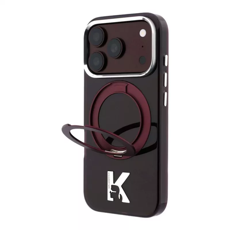 Karl Lagerfeld IML Ring Stand 360 Kameo Metal MagSafe dėklas, skirtas iPhone 18 Pro Max / 17 Pro Max, bordo spalvos
