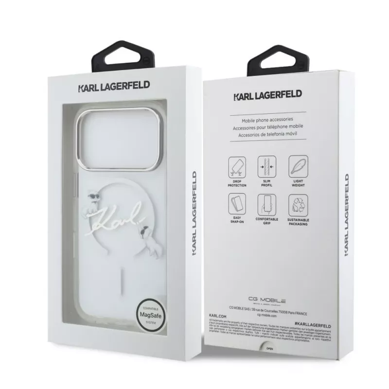 Karl Lagerfeld iPhone 15 Pro MagSafe kietas dėklas permatomas su Karl Script logotipu