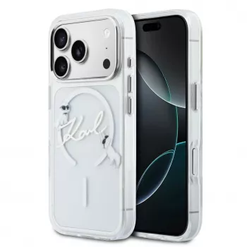 Karl Lagerfeld iPhone 15 Pro MagSafe kietas dėklas permatomas su Karl Script logotipu