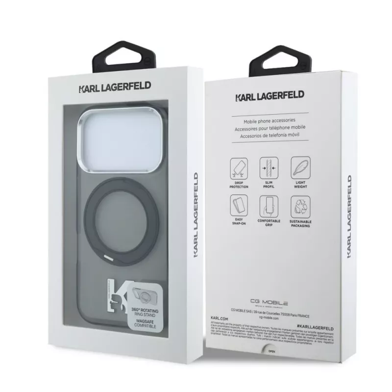 Karl Lagerfeld iPhone 18 Pro / 17 Pro MagSafe IML žiedo stovas 360 Kameo Metal dėklas - juodas