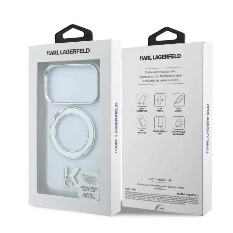 Karl Lagerfeld iPhone 18 Pro Max / 17 Pro Max MagSafe IML žiedo stovas 360 Kameo metalo permatomas dėklas