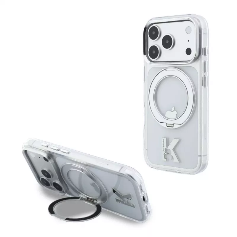 Karl Lagerfeld iPhone 18 Pro Max / 17 Pro Max MagSafe IML žiedo stovas 360 Kameo metalo permatomas dėklas