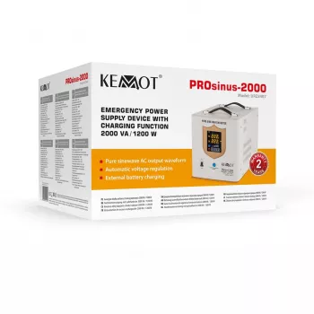 KEMOT PROsinus-2000 avarinis maitinimo blokas – gryno sinusinio signalo keitiklis su 12V įkrovimo funkcija, 230V, 2000VA/1200W