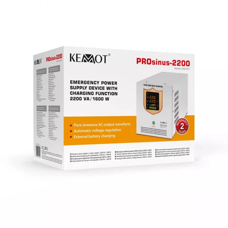 KEMOT PROsinus-2200 gryno sinusinio signalo keitiklis su 12V įkrovimo funkcija, 230V, 2200VA/1600W