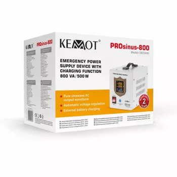 KEMOT PROsinus-800 avarinis maitinimo blokas – gryno sinusinio signalo keitiklis su 12V įkrovimo funkcija, 230V, 800VA/500W