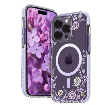 Kingxbar Apple iPhone 14 Pro MagSafe dėklas su bijūnų atspaudu Flora Series violetinis