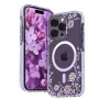 Kingxbar Apple iPhone 14 Pro MagSafe dėklas su bijūnų atspaudu Flora Series violetinis