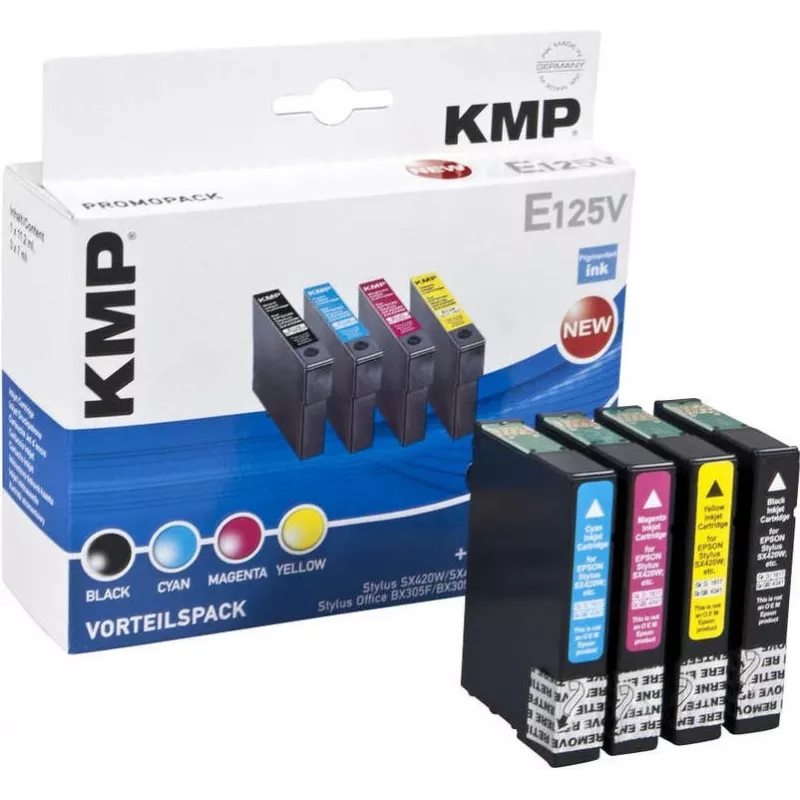 KMP E125V suderinama rašalo kasetė 3 vienetų rinkinys – žydra, purpurinė, geltona, skirta Epson Stylus SX230, SX235, SX430, SX438, WorkForce WF-3520, WF-3530, WF-3540, WF-7015, WF-7515, WF-7525 1617,4050