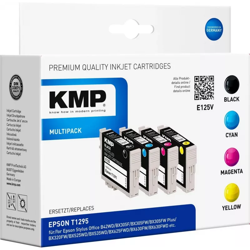 KMP E125V suderinama rašalo kasetė 3 vienetų rinkinys – žydra, purpurinė, geltona, skirta Epson Stylus SX230, SX235, SX430, SX438, WorkForce WF-3520, WF-3530, WF-3540, WF-7015, WF-7515, WF-7525 1617,4050