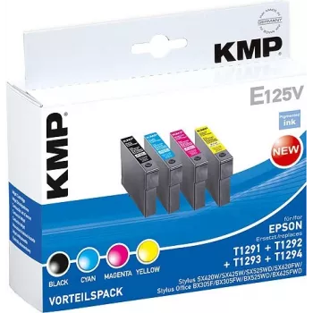 KMP E125V suderinama rašalo kasetė 3 vienetų rinkinys – žydra, purpurinė, geltona, skirta Epson Stylus SX230, SX235, SX430, SX438, WorkForce WF-3520, WF-3530, WF-3540, WF-7015, WF-7515, WF-7525 1617,4050