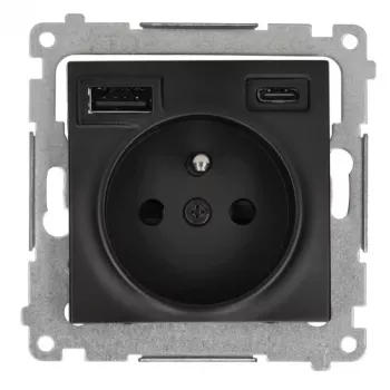 KONTAK-SIMON SIMON 54 modulis juodos matinės spalvos – 1x Schuko kištukinis lizdas 16A 250V + 2x USB (Type A & C) 2.1A su varžtais