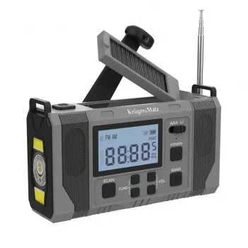 Kruger & Matz KM0838 Saulės energija varomas avarinis radijas su 10000mAh Power Bank, LED žibintuvėliu, dinaminiu sukimu, AM/FM/NOAA, SOS signalu