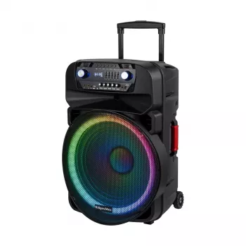 KRUGER & MATZ KM1718 60W nešiojama aktyvi PA garsiakalbių sistema su dviem UHF belaidžiais mikrofonais, Bluetooth, USB, SD, FM, LED efektais