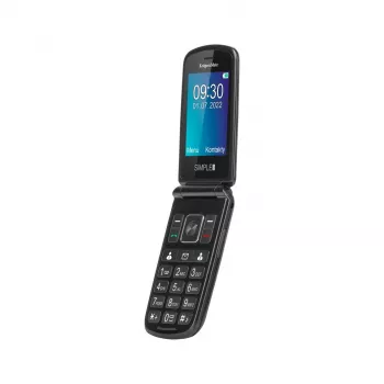 KRUGER & MATZ Simple 929 GSM senjorų telefonas su dideliais klavišais, SOS mygtuku, įkrovimo stotele, dviejų SIM kortelių palaikymu, FM radiju, žibintuvėliu – juodas