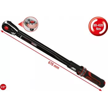 KS TOOLS 1/2 inch ERGOTORQUEprecision reketinis dinamometrinis veržliaraktis, 80-420 Nm, dviguba skalė, DIN EN ISO 6789-1:2017, su plastikine dėže (516.1582)