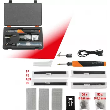 KS TOOLS 150.1010 Belaidis plastiko taisymo rinkinys, 134 dalių, 3,7V Li-Ion karštųjų kabių segiklis su 200 nerūdijančio plieno kabėmis, 450°C, dėklas