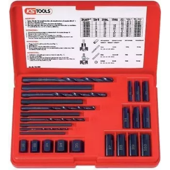 KS TOOLS 25 dalių varžtų ištraukimo rinkinys, kairiosios eigos HSS, M3-M18, su grąžtais ir kreiptuvais (150.1305)