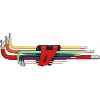 KS TOOLS 9 dalių itin ilgų rutulinių galvučių šešiabriaunių raktų rinkinys su dviguba rutuline galvute, 1,5-10 mm, chromo vanadžio plienas, matinis chromuotas, DIN ISO 2936, ERGOTORQUEplus 151.3222