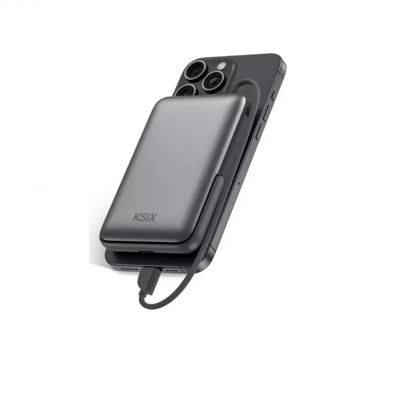 KSIX Magnetic Power Bank 10000 mAh, 22.5W, skirtas iPhone ir Apple Watch, pilka