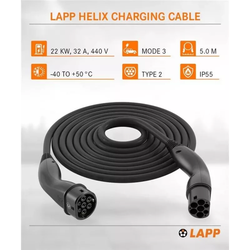LAPP MOBILITY HELIX® Type 2 EV įkrovimo kabelis, 22 kW, 5 m, juodas 61795