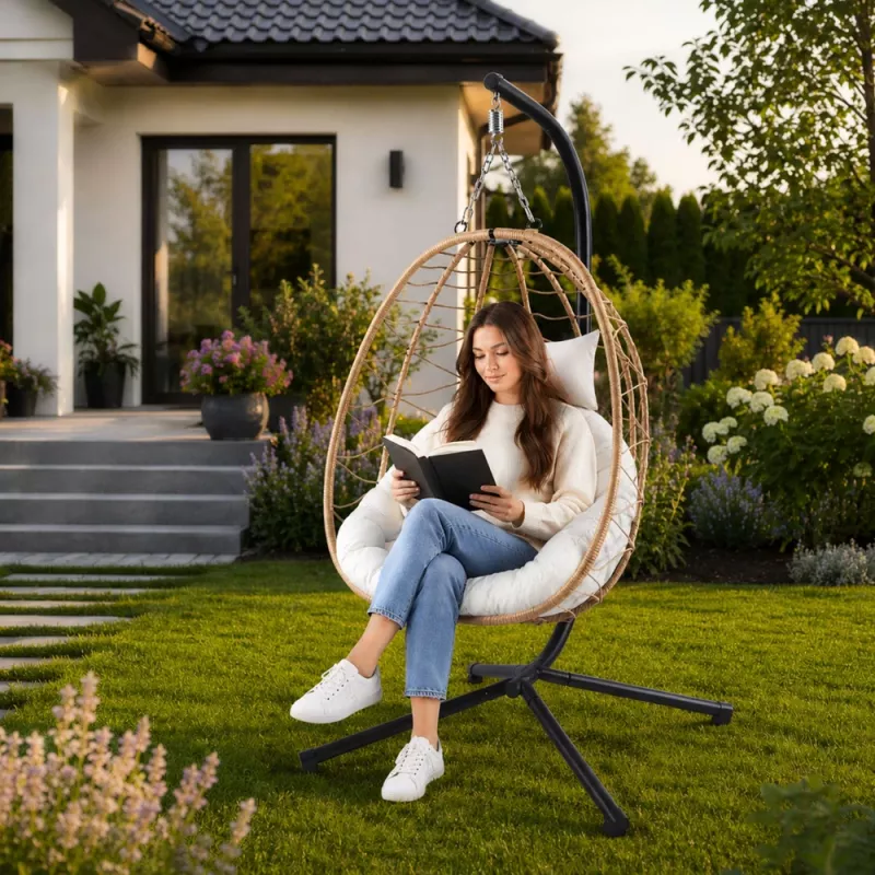 LEAN Pakabinama supamoji kėdė Garden Cocoon su pagalvėlėmis, rudas rėmas