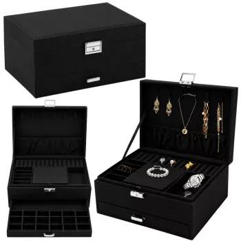 LEAN Jewelry Organizer Box with Drawer and Key, Black Velvet