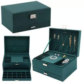 LEAN Jewelry Organizer Box su stalčiumi ir raktu, žalias aksomas