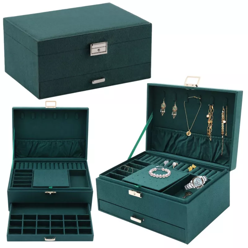 LEAN Jewelry Organizer Box su stalčiumi ir raktu, žalias aksomas