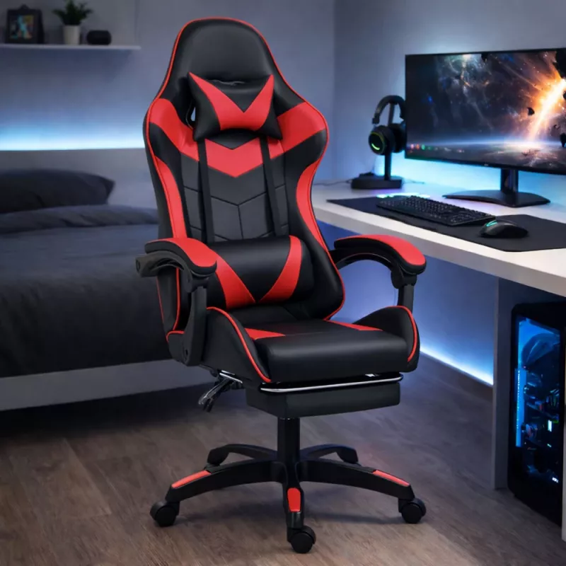 LEAN Swivel Office Gaming Chair with Footrest and Cushions, Black and Red