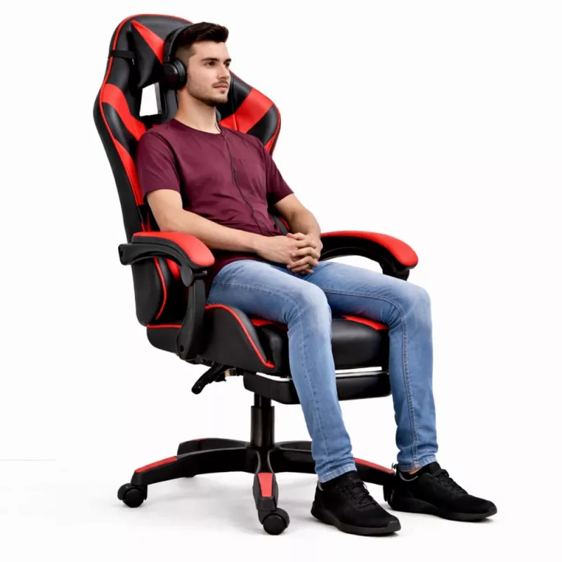 LEAN Swivel Office Gaming Chair with Footrest and Cushions, Black and Red