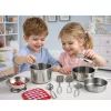 LEAN TOYS 15 dalių žaidimų virtuvės rinkinys su puodais, keptuvėmis, įrankiais, lėkštėmis, puodeliais, pjaustymo lenta ir žaisliniu maistu vaikams nuo 3 metų | Įvairiaspalvis ABS plastikas | Vaidmenų žaidimų virimo žaislas