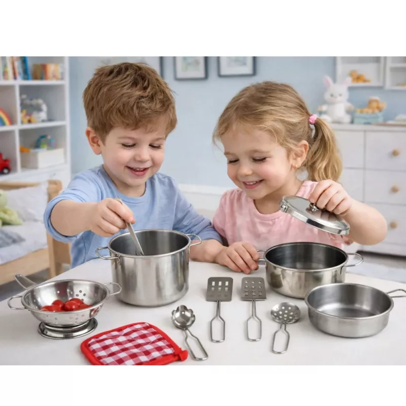 LEAN TOYS 15 dalių žaidimų virtuvės rinkinys su puodais, keptuvėmis, įrankiais, lėkštėmis, puodeliais, pjaustymo lenta ir žaisliniu maistu vaikams nuo 3 metų | Įvairiaspalvis ABS plastikas | Vaidmenų žaidimų virimo žaislas
