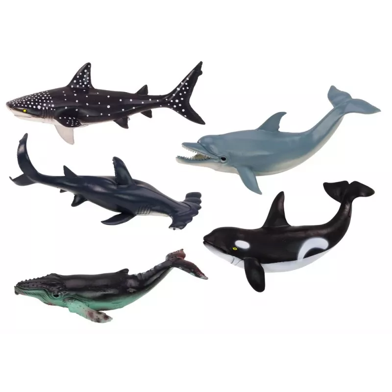LEAN TOYS 17521 6 vnt. jūros gyvūnų figūrėlių rinkinys - orka, ryklys, banginis, delfinas, vėžlys ir rajoja - įvairiaspalvis