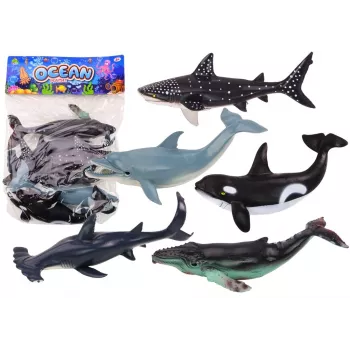 LEAN TOYS 17521 6 vnt. jūros gyvūnų figūrėlių rinkinys - orka, ryklys, banginis, delfinas, vėžlys ir rajoja - įvairiaspalvis