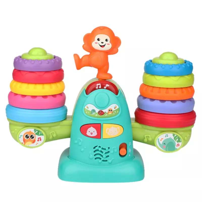 LEAN TOYS 23009 Interaktyvus edukacinis svarstyklių žaislas su beždžione mažiems vaikams - 20 kaladėlių, garsai ir melodijos