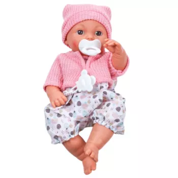 LEAN TOYS 24440 Lėlė kūdikis su kepure, megztiniu ir čiulptuku, garso efektais (35 cm)