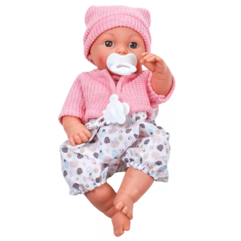 LEAN TOYS 24440 Lėlė kūdikis su kepure, megztiniu ir čiulptuku, garso efektais (35 cm)