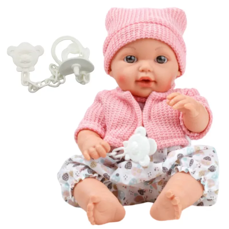 LEAN TOYS 24440 Lėlė kūdikis su kepure, megztiniu ir čiulptuku, garso efektais (35 cm)