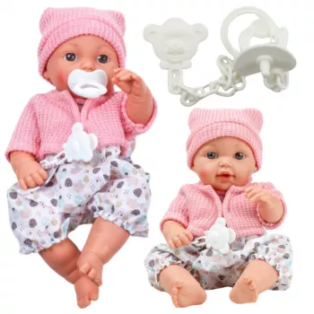 LEAN TOYS 24440 Lėlė kūdikis su kepure, megztiniu ir čiulptuku, garso efektais (35 cm)